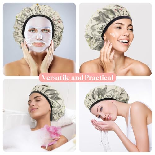 Luxury Shower Cap Terry Cloth Lined EVA Waterproof Reusable Triple Layer Elastic Hair Bath Caps for Women Girls Cute (C17-Floral) - color: C17-Floral