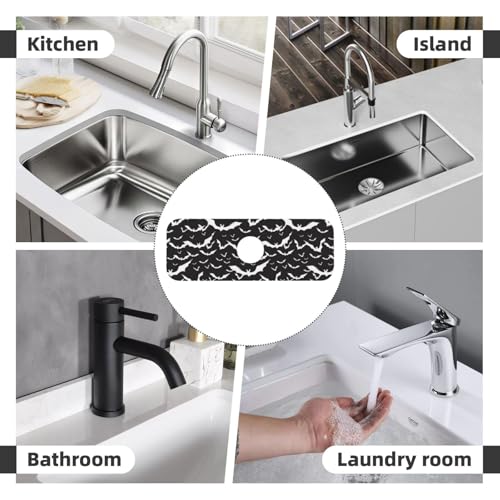 Bats Halloween Goth Silhouettes Black White 15" X 5.5" Kitchen Sink Splash Guard Faucet Faucet Guard Draining Mat Sink Splash Guard Faucet Kitchen Bathroom - color: Bats Halloween Goth Silhouettes Black White