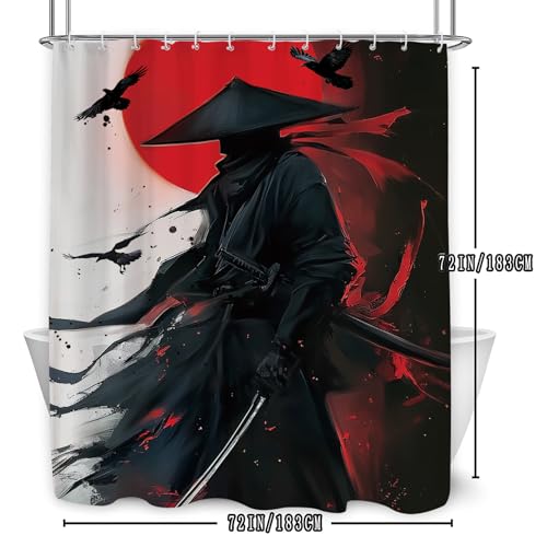 Black Red Samurai Shower Curtain 60Wx71L, Japanese Man Shower Curtains for Bathroom, Cool Asian Shower Curtain Set 12 Pack Hooks - color: Black Red Samurai, size: 60Wx71L