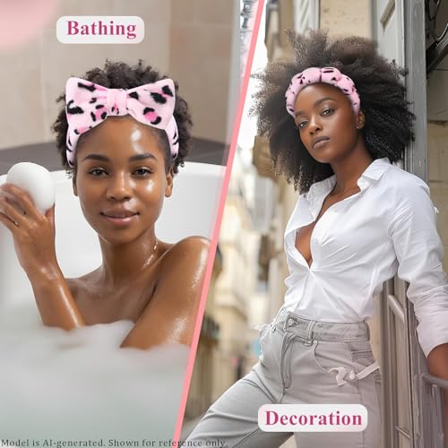 Face Washing Headband and Wristband Set, Leopard | Soft absorbent fabric, snug head-hugging fit for face washing, skincare, makeup, masks, travel, women and teen girls - color: Pink leopard print