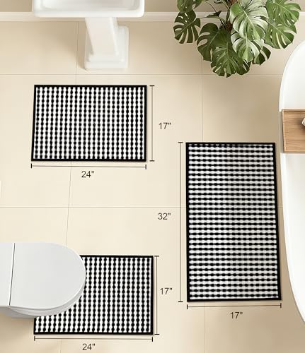 YIHOUSE Black Bathroom Rugs Set 3 Pieces, Checkered Absorbent Bath Mat Sets Quick Dry, Woven Soft Bath Rugs Non Slip, Thin Washable Rugs for Bathroom - color: Black, size: 3 Pieces