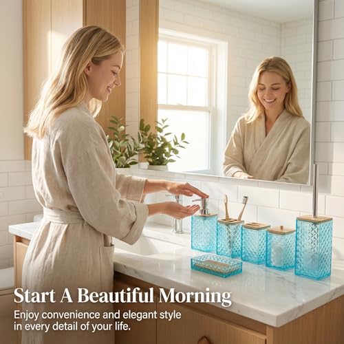 Light Blue Bathroom Accessory Set, 6 PCS Light Blue Bathroom Accessories Set, Soap Dispenser, Toothbrush Holder, Soap Dish, Mouthwash Cup, Cotton Swab Holder and Toilet Brush, Acrylic - color: Light Blue