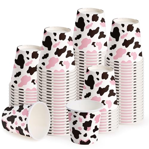WRAPAHOLIC 3oz Paper Cups - 100 Pack Disposable Bathroom Cups with Pink Cow Design, Small Mouthwash Cup for Toothbrush Rinse, Home Bathroom, Picnic, BBQ, Travel and Party - color: Pink Cow