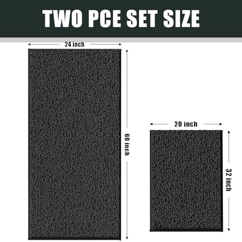 Bathroom Rugs Set 2 Piece Thick Chenille Kitchen Mats,Quick Dry Absorbent Bath Rugs With Non-Slip Pvc Backing,Bath Mats for Bathtub,Bedroom,Living room -Home Decor Large Rugs 60x24+32x20 Inch Black - color: Black, size: 60" x 24"Plus + 32" x 20"