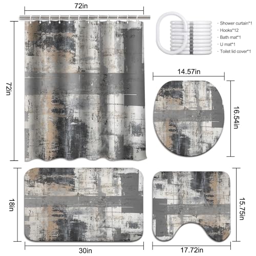 Lnond 4Pcs Bathroom Shower Curtain Sets with Rugs,Black and Grey Painting Art Bathroom Sets with Shower Curtain and Rugs and Accessories - color: Black Grey Brown Abstract