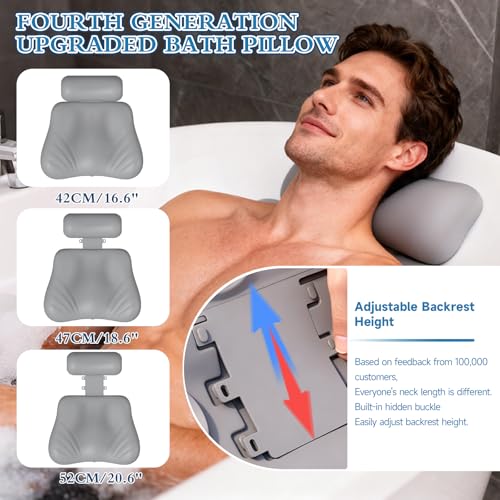 Upgraded Silicone Bath Pillow, 4D Press Inflatable Airbag and Non-Slip Large Suction Cups, Adjustable Head Neck and Back Support, Comfortable Luxury Bath Pillows for Tub, Bath Spa Accessories Gray - color: Gray