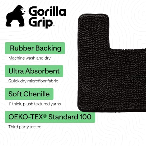 GORILLA GRIP Plush Absorbent Shaggy Chenille Bath Rug Mat for Square Toilet Base with Rubber Backing, Machine Washable Rugs, Soft Microfiber Contour Mats for Toilets, Bathroom Decor, Black - color: Black, size: 24" X 19" Square Contour