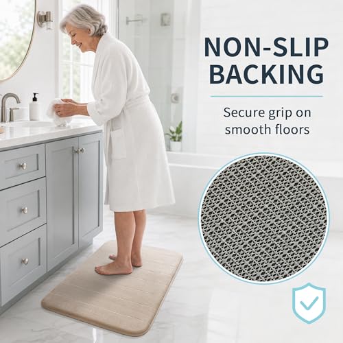 Yimobra Memory Foam Bath Mat, Soft Absorbent Bathroom Rug, 24x17, Beige | Non Slip Backing, Quick Dry, Machine Washable Bath Rug for Tub & Shower Areas, Durable Design That Complements Bathroom Decor - color: Beige, size: 24" X 17"