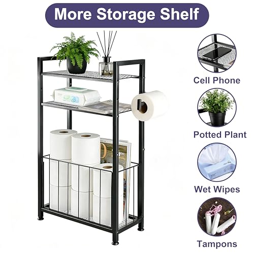 Free Standing Toilet Paper Holder with Shelf, Adjustable Feet Bathroom Toilet Paper Holder Stand for Narrow Space, Roll Dispenser Tissue Holder, Holds Multiple Rolls and Keeps Paper Dry and Clean - color: Black