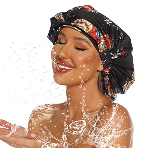 HIUMI Womens Shower Cap for Long Hair Luxury Shower Cap For Dreadlocks, Braids, Curls, Locs, Curly Hair，Mother's Day Gift （Black） - color: black2