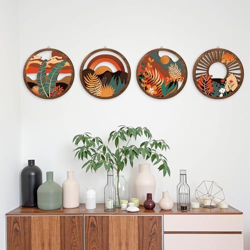 TOARTi 4 Pieces Boho Wooden Wall Art Bohemian Hanging Art Farmhouse Geometric Wooden Wall Decor Aesthetic Botanical Artwork Boho Minimalist Wall Decor for Bedroom Living Room - color: Boho Wooden Wall Art 1