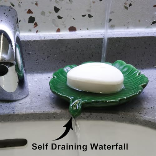 Elegant Bathroom Soap Dish,Ceramic Soap Dish Holder in Palm Leaf Style,Self-Draining Design for Bathroom - color: Green
