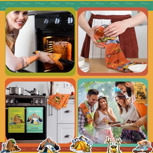 Boyiee Set of 6 Camping Kitchen Towels Absorbent Dishcloths Bonfire Tent Car Tea Towels 24 x 16 Inches with Funny Sayings Novelty Gifts for Campers Happy Camper Camping Accessories for Rv Campers - color: Colorful Camping
