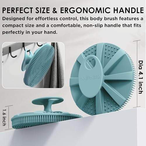 INNERNEED Food-Grade Soft Silicone Body Scrubber Shower Brush Handheld Cleansing Skin Brush, Gentle Exfoliating and Lather Well (Pack of 3) - color: (Set) Dark Green+pink+black