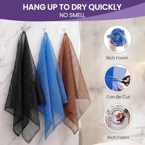 African Bath Sponge African Net Long Net Bath Sponge Exfoliating Shower Body Scrubber Back Scrubber Skin Smoother,Great for Daily Use (Black,Blue,Coffee) 3 Pack - color: Black,blue,coffee
