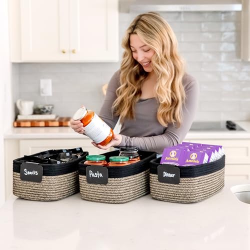 NaturalCozy 13.5”x8.5”x5.5” Rectangle Storage Baskets for Shelves 3 Pack | Cotton Rope Woven Small Baskets for Organizing | Small Storage Bins for Nursery, Bathroom, Closet, Shelf, Decorative - color: Black & Mixed Black, size: 13.5" x 8.5" x 5.5"