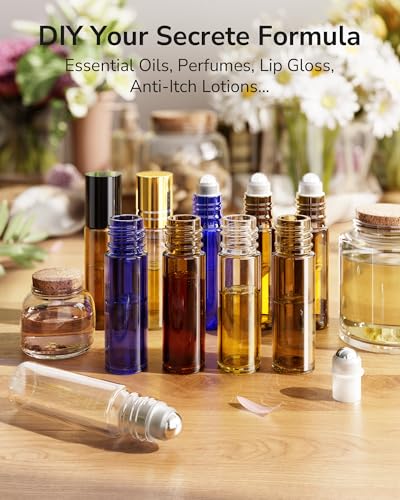 ULG 48-Pack Essential Oil Roller Bottles 10ml, Empty Bottles with Stainless Steel Roller Balls and Waterproof Labels, Amber Roller Balls For Essential Oils - color: Amber, size: 48-Pack