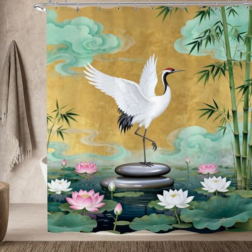 Zen Stone Spa Chinese Birds Shower Curtain Lotus Asian Bamboo Shower Curtains Set Meditation Relaxing Yoga Floral Botanical Yellow Bathtub Curtain Floarl Bathroom Decor 60x72 Inch - color: Floral Birds