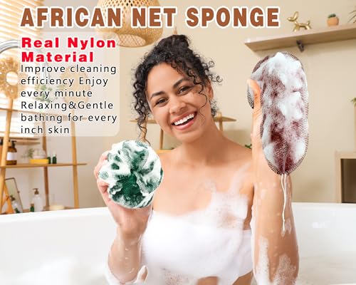 2 Pack African Net Sponge Exfoliating Body Scrubber Bath Sponge for Daily Use (Dark Brown+Dark Green) - color: Dark Brown+dark Green