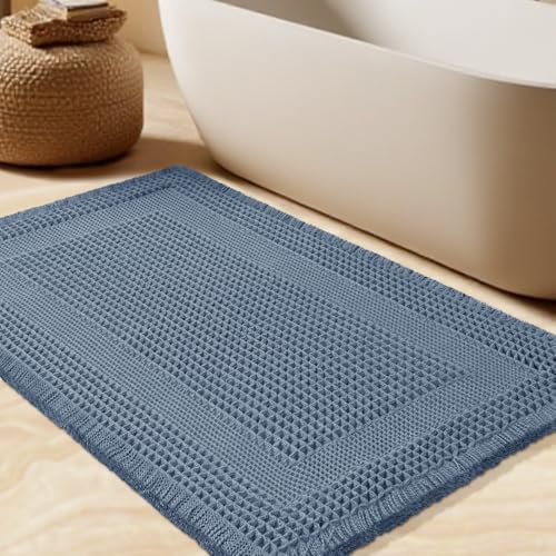 Upgrade Waffle Bath Mat, Boho Bathroom Rugs Absorbent Non Slip, Ultra Soft Bathroom Mat, Machine Washable Knit Bath Rugs with Tassels for Bathroom, Bedroom, Kitchen, Shower, Tub, 32"x20", Blue - color: Blue-looped, size: 1'8" x 2'8" (Rectangular)