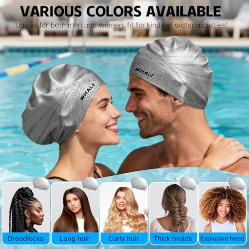 WHALE Extra Large Swim Cap Designed for Men and Women with Thick, Long Hair, Hair Extensions Or Afro-Textured Hair Long-Hair Swim Cap Highly Waterproof to Keep Hair Dry - color: Grey