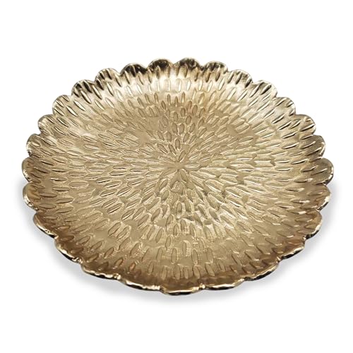 Brass Jewelry Tray with Design – Gold Color Circular Small Round Spoon Rest Candle Holder Soap Dish - Perfect Catchall for Wax Candles, Jewelry, Rings, and Trinkets - color: Brass With Embossed Design