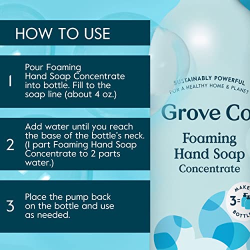 Grove Co. Foaming Hand Soap Concentrate (12 Fl Oz) + Reusable Glass Soap Dispenser, Plastic-Free Liquid Refillable Starter Kit, Free and Clear Unscented