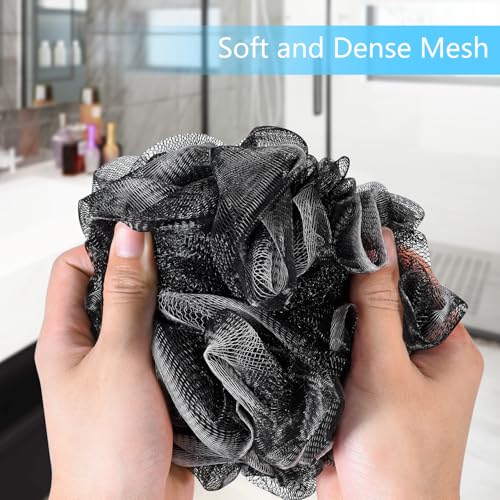 Yoget Bath Loofah Sponge, 4 Pack Black 60G Shower Mesh Ball Soft Pouf Body Scrubber, Exfoliate, Cleanse, Soothe Skin, Black Loofah with White Trim - style: Black