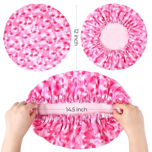 Shower Cap for Women Terry Lined Bath Cap Large Reusable Waterproof Elastic Band Pink Flamingo Shower Caps for Long Thick Hair Soft Bath Shower Hair Caps - color: Hot Pink Flamingo