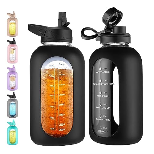 CIVAGO 64 oz Glass Water Bottle Jug with Straw and Handle, Half Gallon Sports Motivational Water Bottle with Time Marker, Wide Mouth Flask Canteen with Silicone Sleeve for Gym, Black - color: Black, size: 64 Ounces