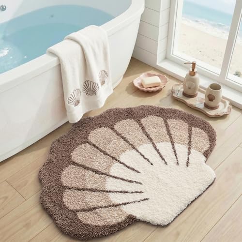 DEXI Seashell Bathroom Rugs Non Slip Washable, 31x24 Ultra Soft Cute Bath Mats for Bathroom Absorbent Quick Dry, Coastal Sea Bathmat for Shower Floor, Tub, Sink, Beige - color: Scallop Beige