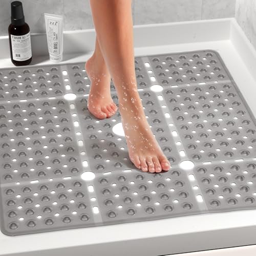 Large Square Shower Mat 27 x 27 Inch Clear Gray, Non Slip Shower Bathtub Mats for Inside Shower with Big Suction Cups Drain Holes, Anti Slip Bathroom Floor Stall Mats, Easy Clean, BPA-Free - color: Clear Grey