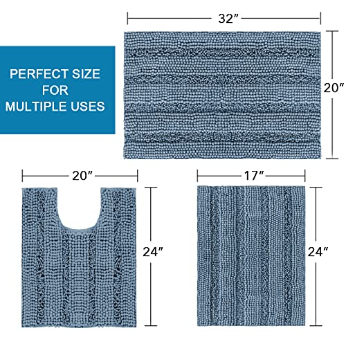 H.VERSAILTEX 3 Piece Bathroom Rugs Sets Thick Striped Bath Rugs Set for Bathroom Non Slip Soft Absorbent Bath Mat Set for Tub, Shower and Toilet(17''x24''+20''x32''+20''x24'' U-Shaped, Stone Blue) - color: Stone Blue