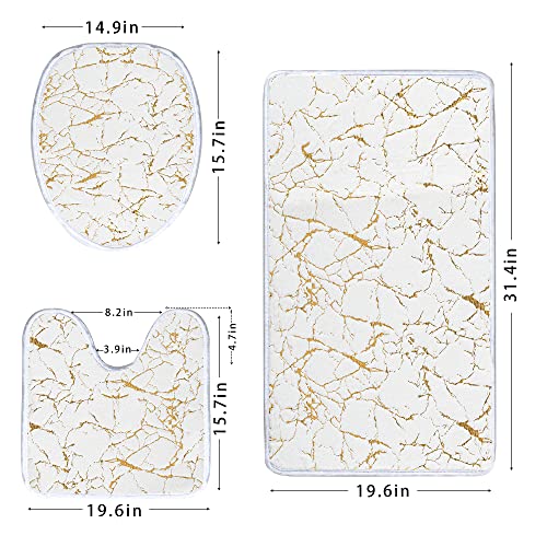 Marble 3-Piece Nonslip White Gold Bathroom Rugs and Mats Set - Soft, Washable, Water Absorbent Shower Rug with U-Shaped Contour and Toilet Lid Cover - color: White Gold, size: Set of 3