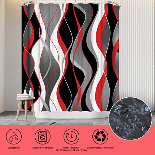 4Pcs Red Shower Curtain Sets with Non-Slip Rugs, Toilet Lid Cover and Bath Mat, Black and Gray Bathroom Decor Set Accessories Fabric Waterproof Shower Curtains with 12 Hooks, 72 x 72 Inch - color: Red