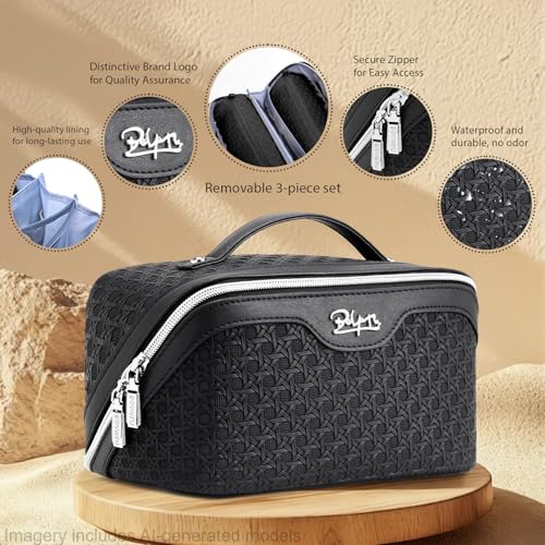 BOYATU Travel Makeup Bag Cosmetic Bags for Women: Large Capacity 3 Pcs Set Make up Bag with Compartments - Waterproof Vegan Leather Toiletry Organizer Bags with Handle (M-71Black) - color: M-71Black