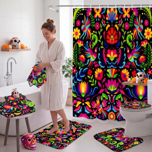 FuWeave 8 Pcs Mexico Floral Shower Curtain Set for Bathroom Decor Include Mexican Folk Art Floral Bird Shower Curtain Towels Non Slip Rugs Toilet Lid Cover Colorful Bohemian Bath Mat and 12 Hooks - color: Mexico Floral