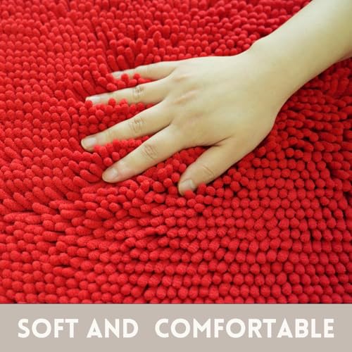 Chenille Bath Rug, Ultra Soft Absorbent Bathroom Mat, Non-Slip PVC Backing, Machine Washable, 23x14, Red - color: Red, size: 23" x 14"