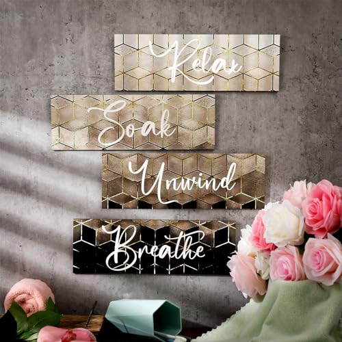 Huwena 4 Pcs Brown Bathroom Wall Decorations Modern Gradient Wood Wall Art Beige Bathroom Sign Relax Soak Unwind Breathe Geometric Golden Cubic Lines Hanging Sign for Home Living Room Toilet
