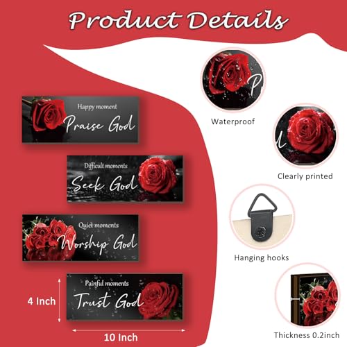 ONIZHITY 4 Pcs Red Bathroom Decor Religious Wall Art Bible Verse Inspirational Red Rose Wall Decor Rustic Flower Wooden Christian Sign for Home Bathroom Office Bedroom Living Room Kitchen(10x4) - color: Red Rose
