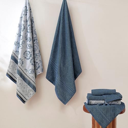 Modern Threads 6 Piece Bath Towel Set – Bathroom Set with 2 Bath Towels, 2 Hand Towels, and 2 Wash Cloths – 100% Cotton, Super Absorbent & Extra Soft – Reversible Floral Trail (Navy) - color: Navy