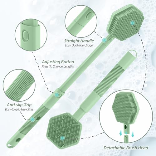 Silicone Back/Face Scrubber & Bath Glove Set 3PCS, Extendable Back Scrubber with Dual-Side Large Head, 360° Anti-Slip Bath Glove, Unique Side-bristle Face Scrubber for All-round Cleaning(Green) - color: Green*3