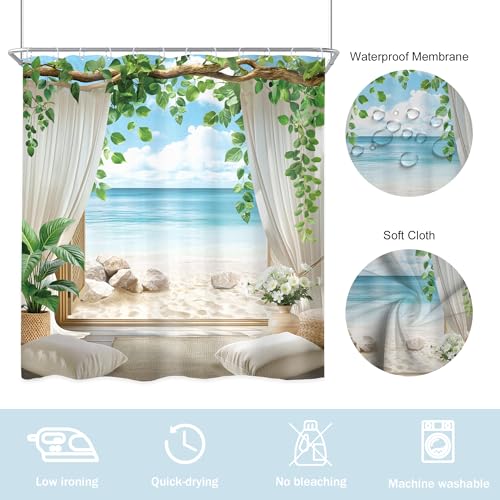 Newsely Ocean Beach Shower Curtain 72Wx72L Inch Beachy Blue Sea Coastal Summer Tropical Hawaii Nature Leaves Plant Bathroom Set Landscape Modern Chic Waterproof Bath Decoration Accessories Home Decor - color: B-01beach, size: 72"W x 72"L (Pack of 1)