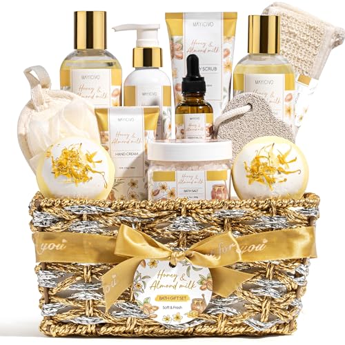 Mothers Day Birthday Gifts for Women, Honey & Almond Milk Relaxing Spa Gift Baskets for Women Self Care Package Bath Gift Set, Home Bath and Body Kit Pamper Gifts for Womens Her Mom Friends Sister - color: Gold-Honey & Almond milk