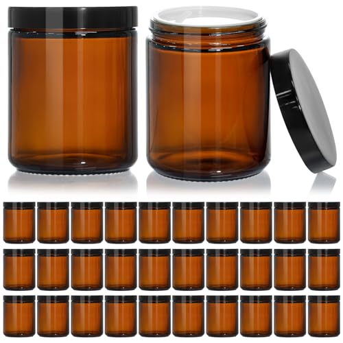 KEYWING 30Pack Amber Glass Jars with Black Lids, 8 oz Empty Cosmetic Jars with Inner Liners, Round Lotion Containers for Cream, Powders and Ointments - color: Amber, size: 8oz-30Pack