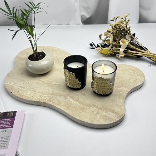 Cloud Shaped Travertine Vanity Tray, 13.3 x 8.3 Inch Natural Stone Decorative Catchall Tray for Bathroom Countertop, Beige Marble Jewelry Dish Perfume Tray for Coffee Table Dresser Nightstand - color: Beige
