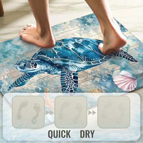 Quick Dry Bath Mat for Bathroom,Super Absorbent Turtle Bath Rug Non-Slip Rubber Backing,Machine Washable Bathroom Floor Mat for Shower, Tub, Sink Area Beach Seashell Ocean Blue (16"x24"+30"x20") - color: Blue3, size: 16" x 24" + 30" x 20"