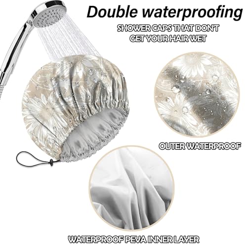 2 PCS Shower Cap Reusable Waterproof Double Layers Hair Caps Shower Bath Adjustable Elastic Hat for Women Girls Cute Aesthetic-Sunflower - color: AI2-Sunflower