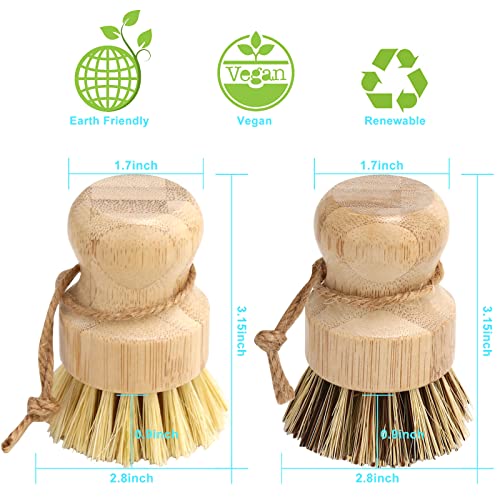 Bamboo Dish Brush Set, 4 Pcs Palm Wooden Dish Scrubber Brush, Dish Brushes, Durable Wood Dishes Scrub Brush, Natural Round Vegetable Cleaning Pots Pans Sink Washing Kitchen Brush by Aisuly - size: 2p Palm+2p Sisal