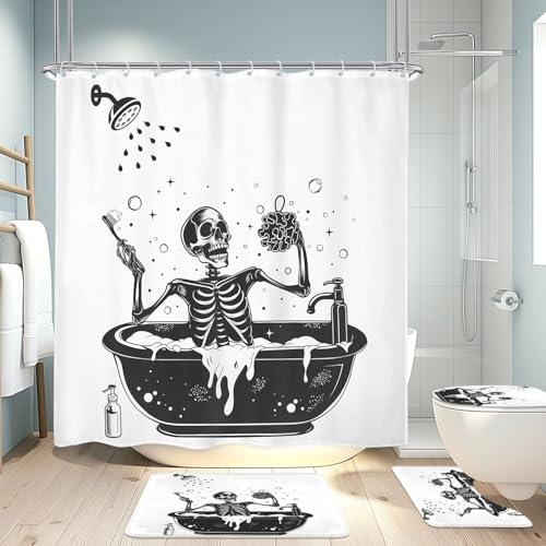 4PCS Funny Skull Skeleton Halloween 71Wx71H Inches Gothic Black White Shower Curtain Sets with Rugs, Toilet Lid Cover and Bath Mat, Spooky Bath Accessories Art Home Decor Fabric 12 Pack Hooks - color: A5-skull